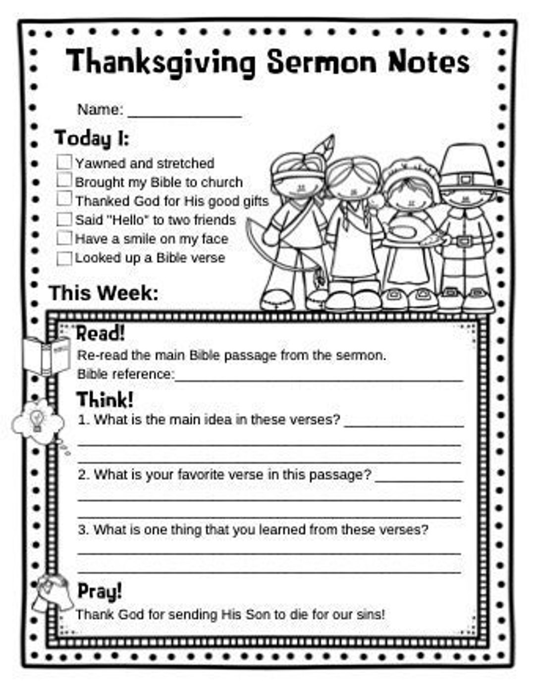 Thanksgiving Kids Sermon Notes, Fall Harvest Bible Study, Kids with Religious Thanksgiving Worksheets