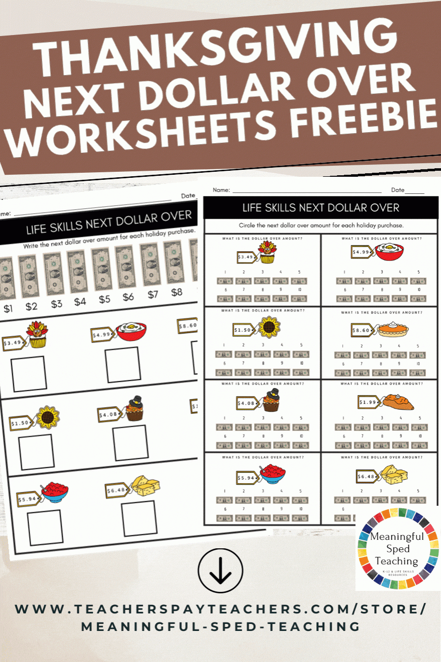 Thanksgiving Life Skills Next Dollar Over Worksheet Freebie! in Thanksgiving Money Worksheets