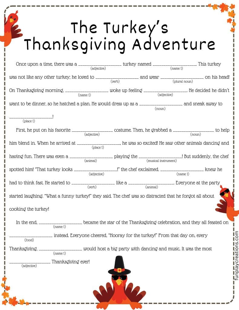 Thanksgiving Mad Libs Printables inside Thanksgiving Mad Libs Worksheets