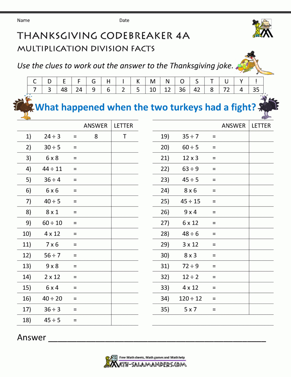 Thanksgiving Math Activities 4Th Grade for 4Th Grade Thanksgiving Math Worksheets