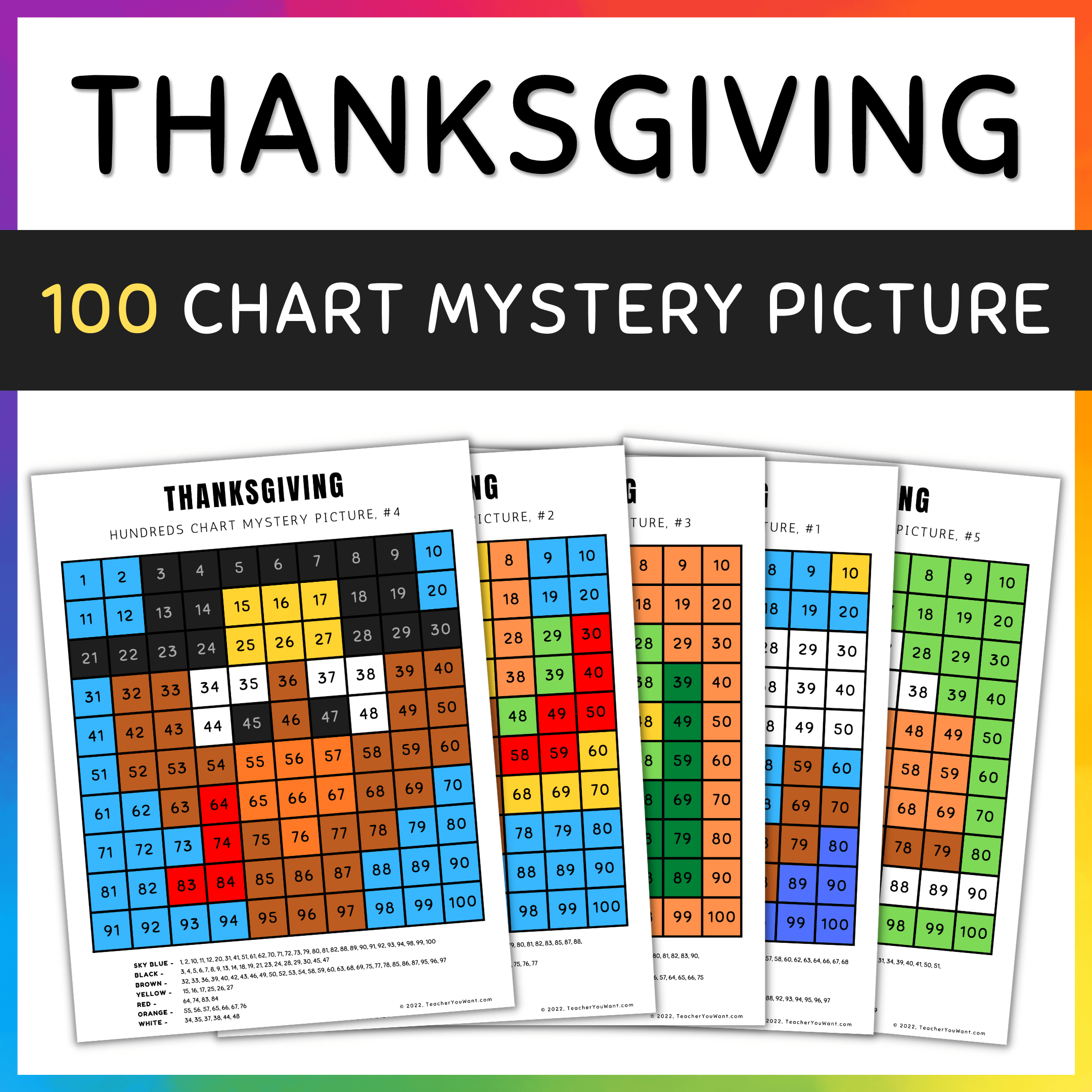 Thanksgiving Math, Hundreds Chart Mystery Picture, Colornumber for Thanksgiving Mystery Math Picture Worksheet