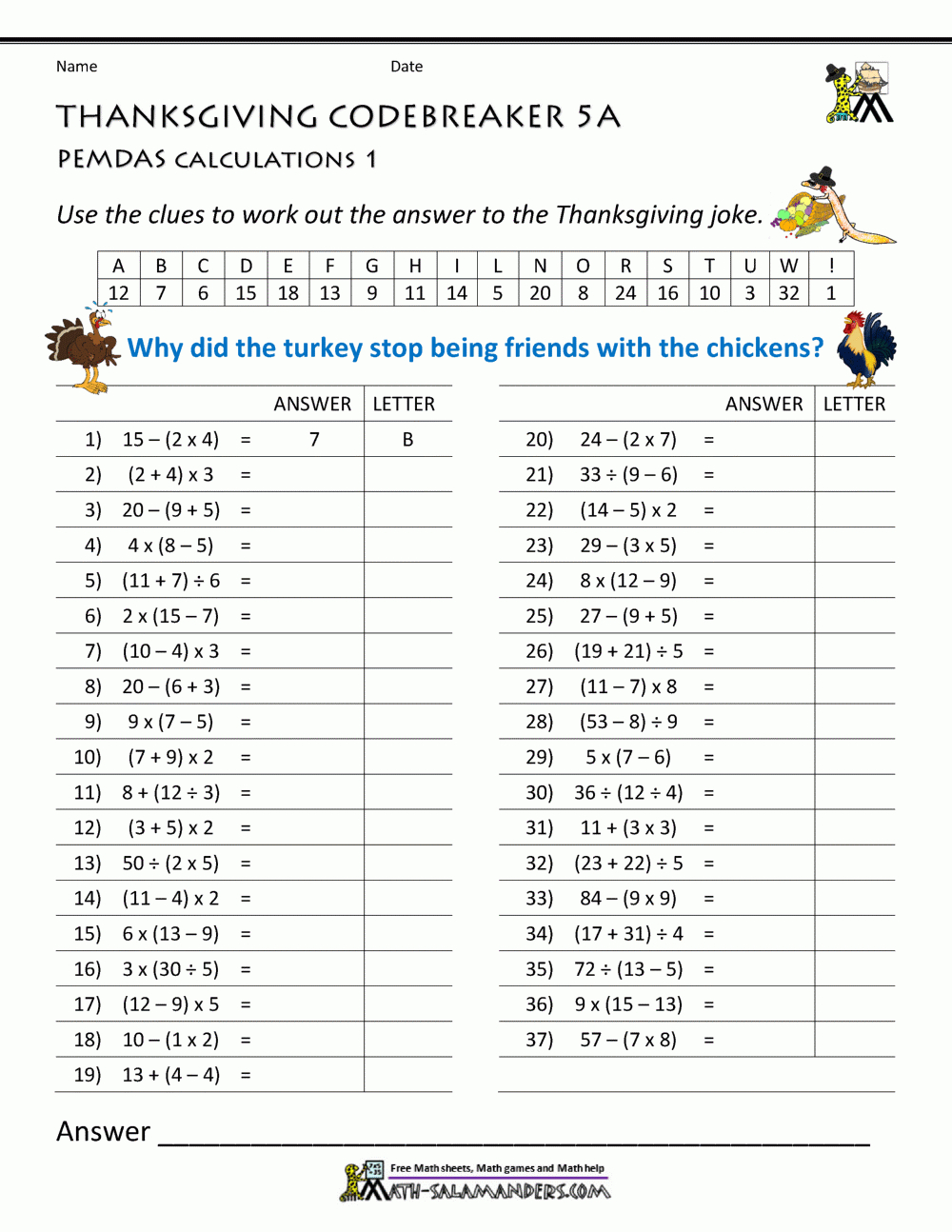 Thanksgiving Math Puzzles in Thanksgiving Math Worksheets 5th Grade