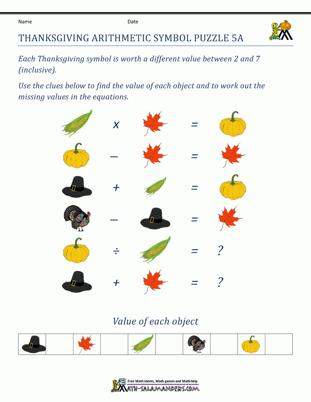 Thanksgiving Math Puzzles pertaining to 7 2 Thanksgiving Worksheet Answers