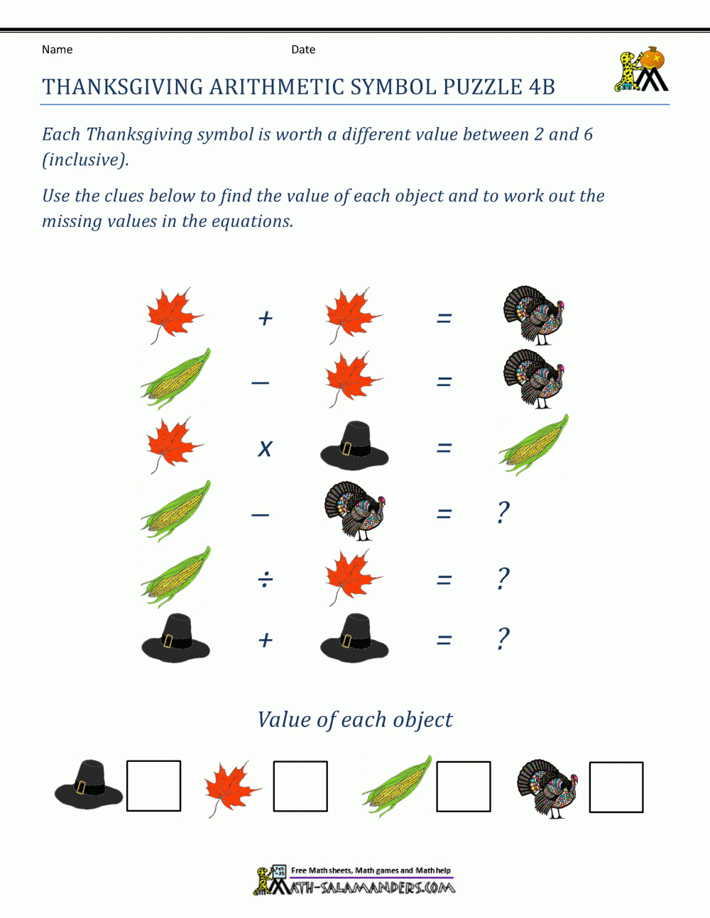 Thanksgiving Math Puzzles with 4th Grade Thanksgiving Math Worksheets