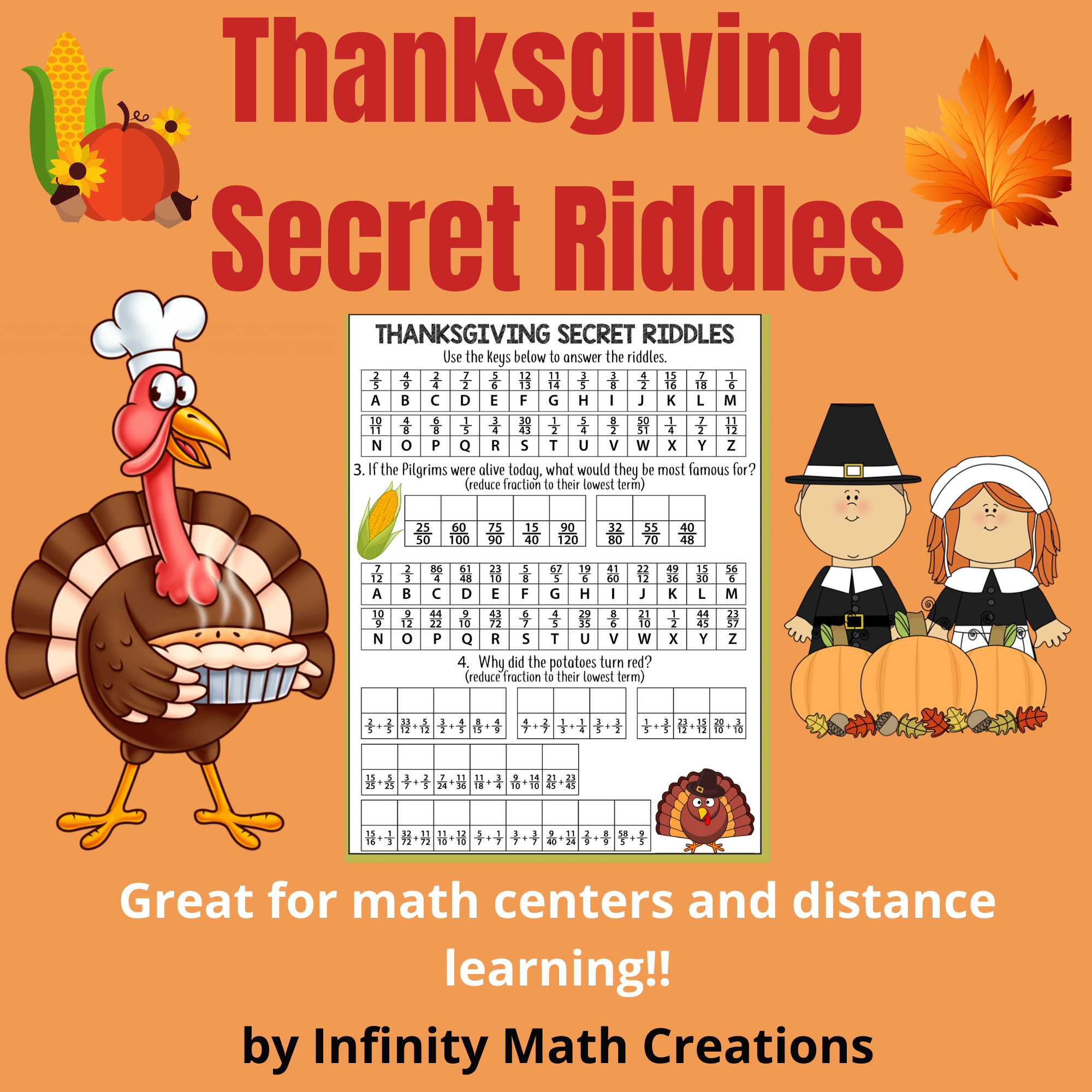 Thanksgiving Math Riddles--Decimals Percents Fractions within Thanksgiving Fractions Worksheets