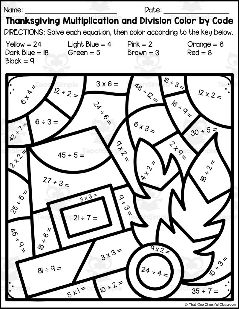 Thanksgiving Multiplication + Division Colorcode throughout Division Thanksgiving Worksheets