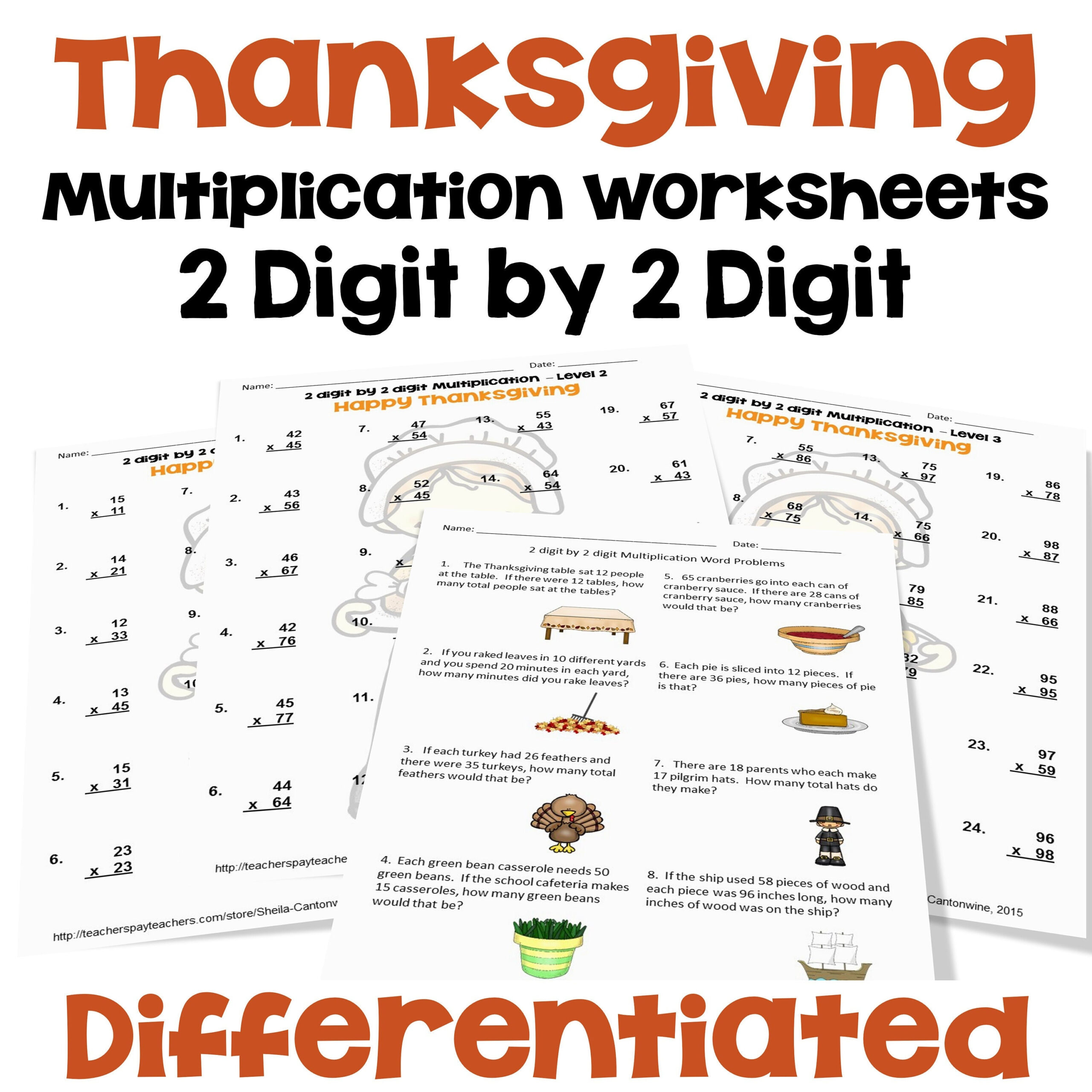 Thanksgiving Multiplication Worksheets: 2-Digit Problems with Thanksgiving Math Worksheets Multiplication