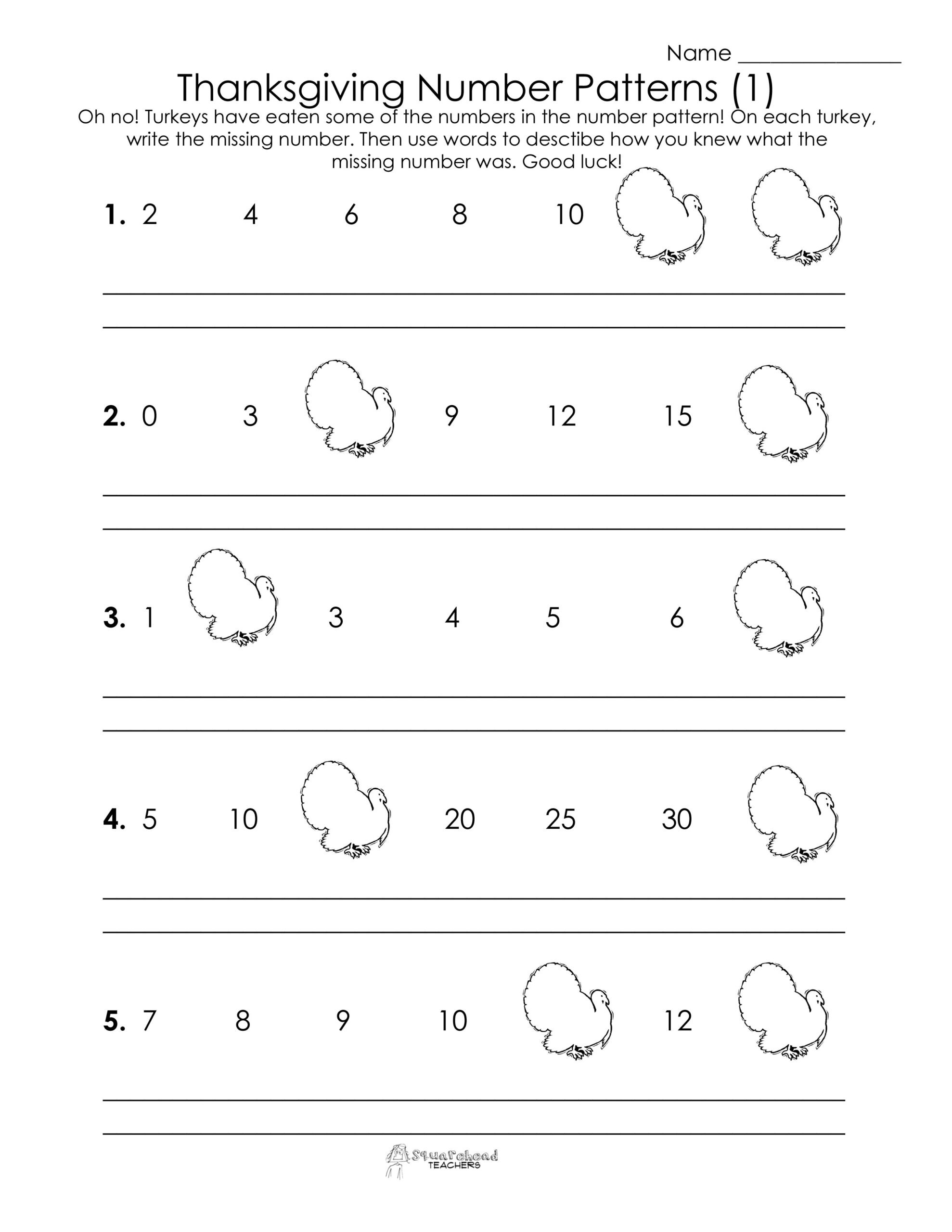 Thanksgiving Number Patterns (Free Worksheets!) | Squarehead Teachers for Thanksgiving Patterns Worksheet