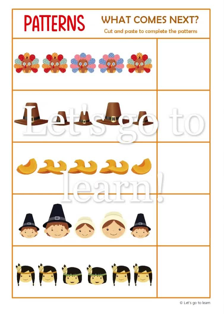 Thanksgiving Pattern Worksheets - What Comes Next Activity - Preschool &amp;amp;  Kindergarten - Homeschool - Busy Book Pages - Educational Printable with Thanksgiving Pattern Worksheets For Preschoolers