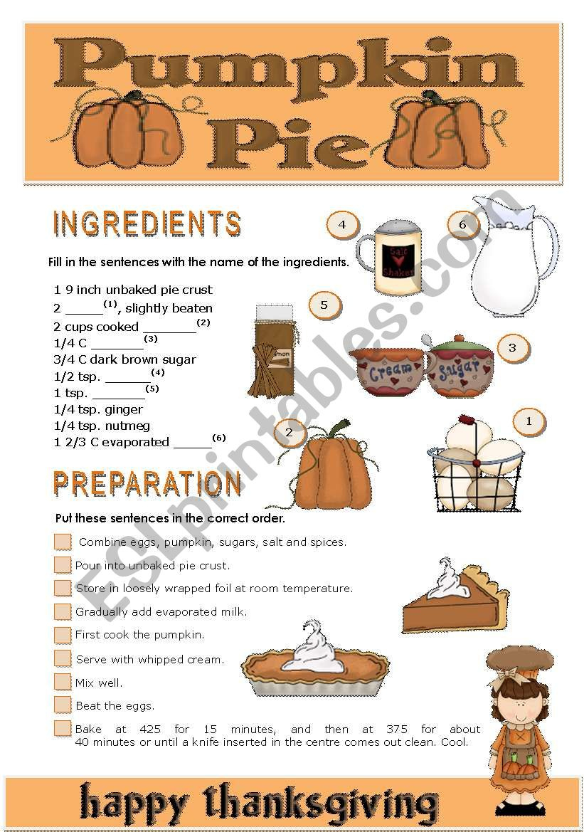 Thanksgiving Pumpkin Pie - Esl Worksheetteresaraiva within Thanksgiving and the Pumpkin Pie Worksheet