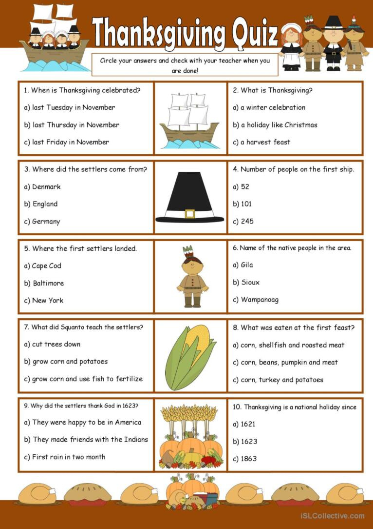 Thanksgiving Quiz: English Esl Worksheets Pdf &amp;amp; Doc for Thanksgiving A Day of Thanks Worksheet Answers