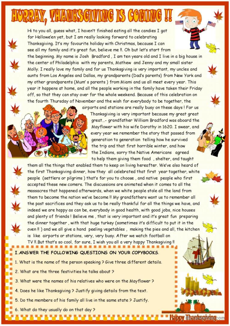 Thanksgiving : Reading Comprehension…: English Esl Worksheets Pdf with Free Thanksgiving Comprehension Worksheets