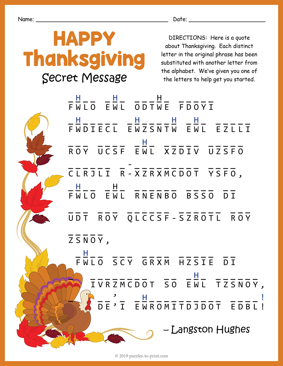 Thanksgiving Secret Message Puzzle for Thanksgiving Secret Code Worksheets