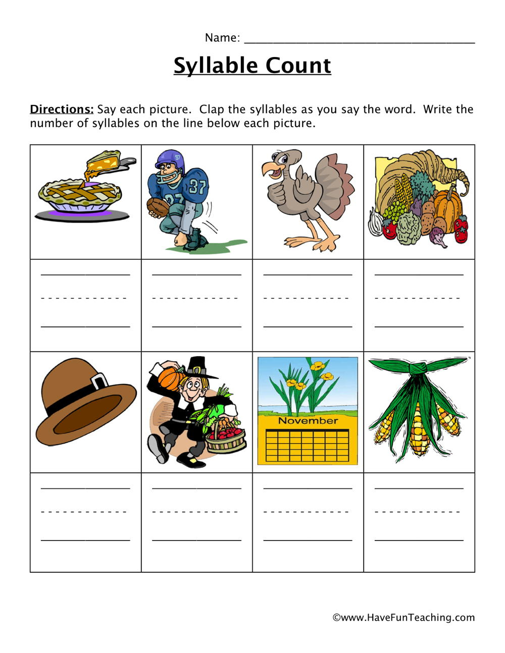 Thanksgiving Syllables Worksheet - Have Fun Teaching intended for Thanksgiving Syllable Worksheets