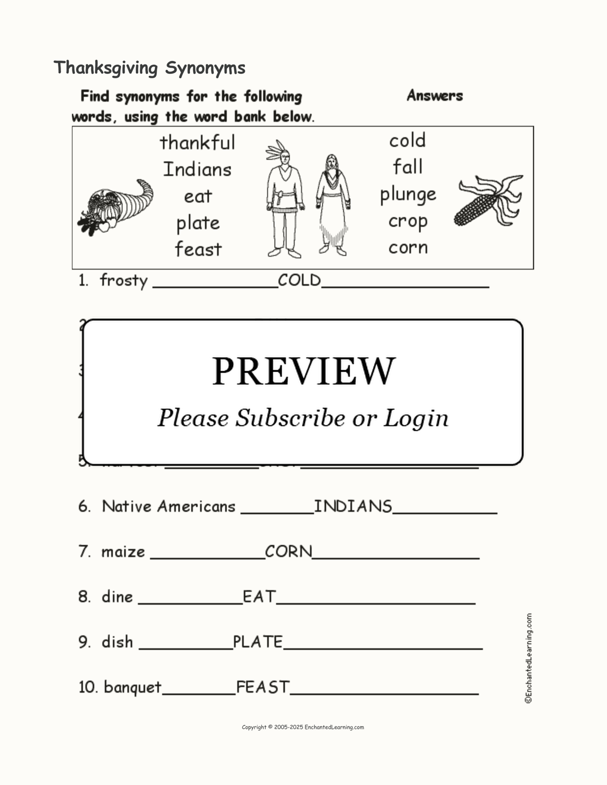 Thanksgiving Synonyms - Enchanted Learning in Thanksgiving Synonyms Worksheet