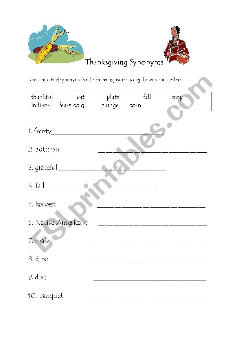 Thanksgiving Synonyms - Esl Worksheetsteveheintz with Thanksgiving Synonyms Worksheet