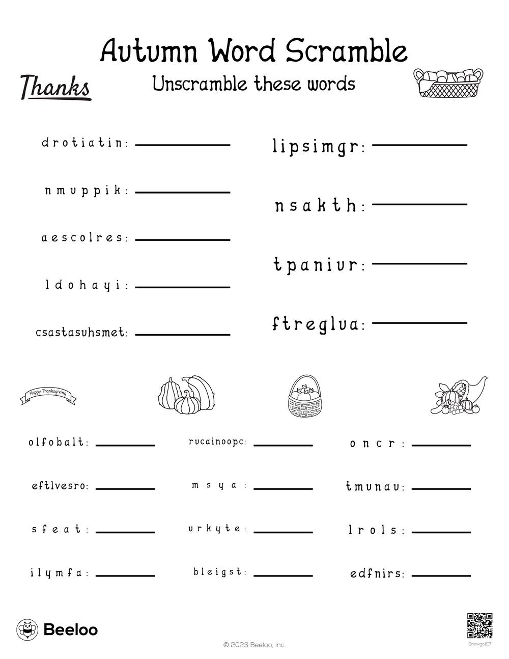 Thanksgiving-Themed Word Scrambles • Beeloo Printable Crafts And pertaining to Unscramble Thanksgiving Words Worksheet