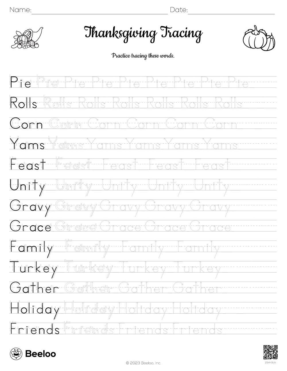 Thanksgiving-Themed Word Tracing Worksheets • Beeloo Printable intended for Thanksgiving Tracing Worksheets