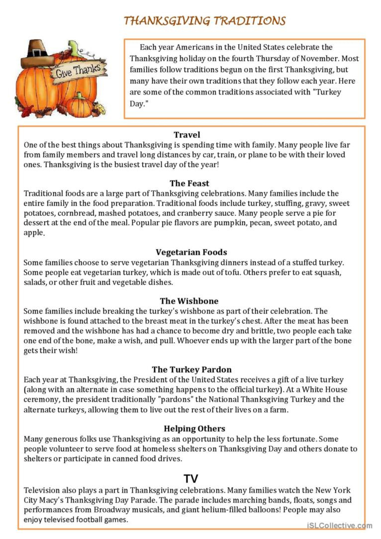 Thanksgiving Traditions Reading For…: English Esl Worksheets Pdf & Doc within Thanksgiving Traditions Worksheet