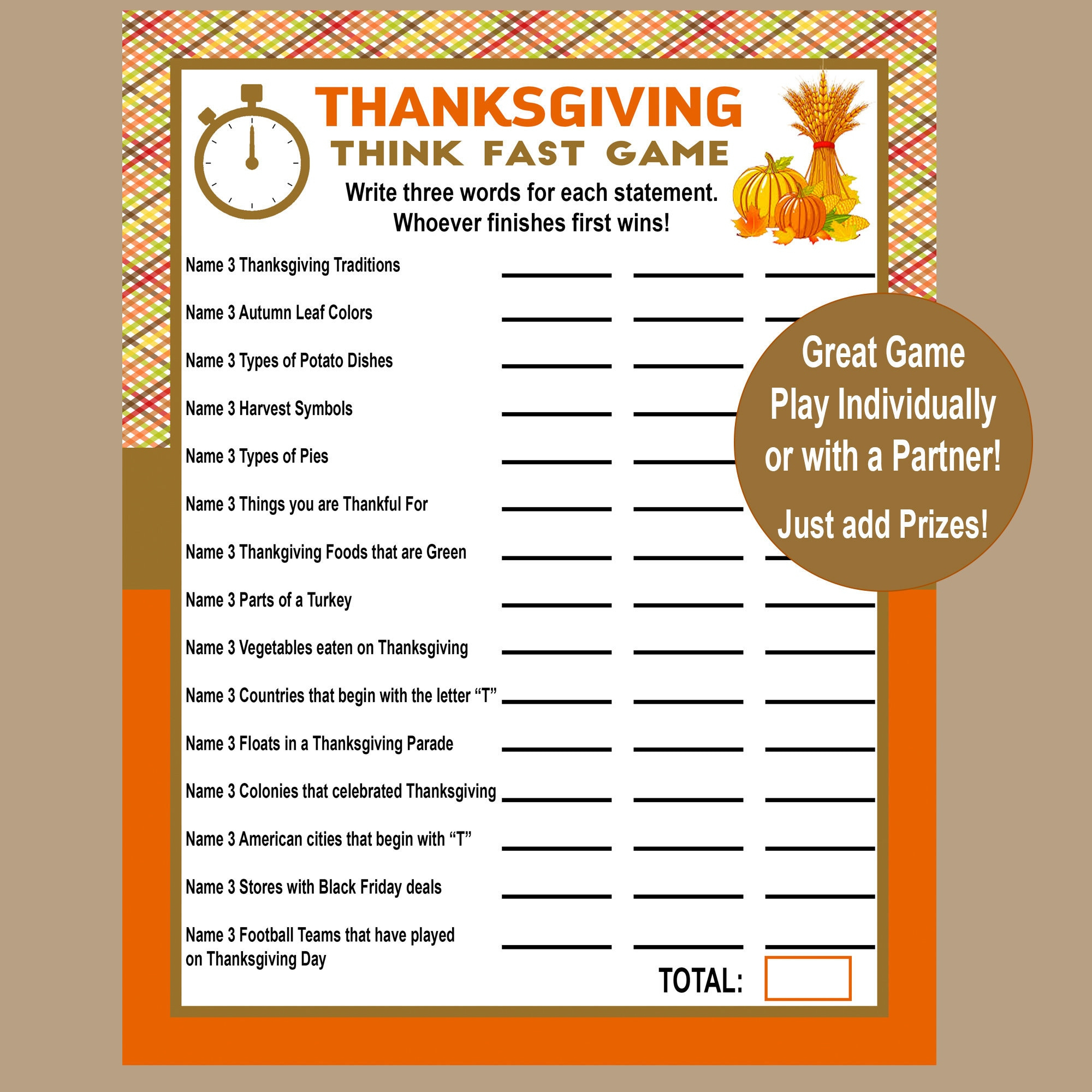 Thanksgiving Trivia Game, Think Fast Game, Thanksgiving Printable intended for Thanksgiving Games Worksheets