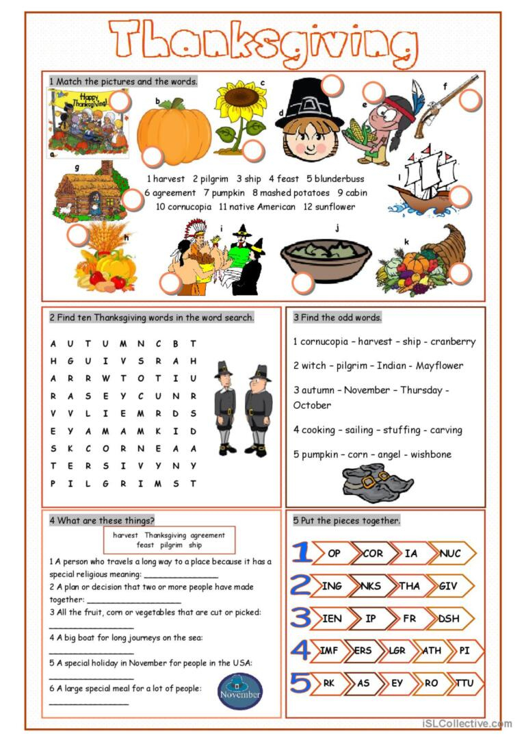 Thanksgiving Vocabulary Exercises Wo…: English Esl Worksheets Pdf in Thanksgiving On Thursday Worksheets