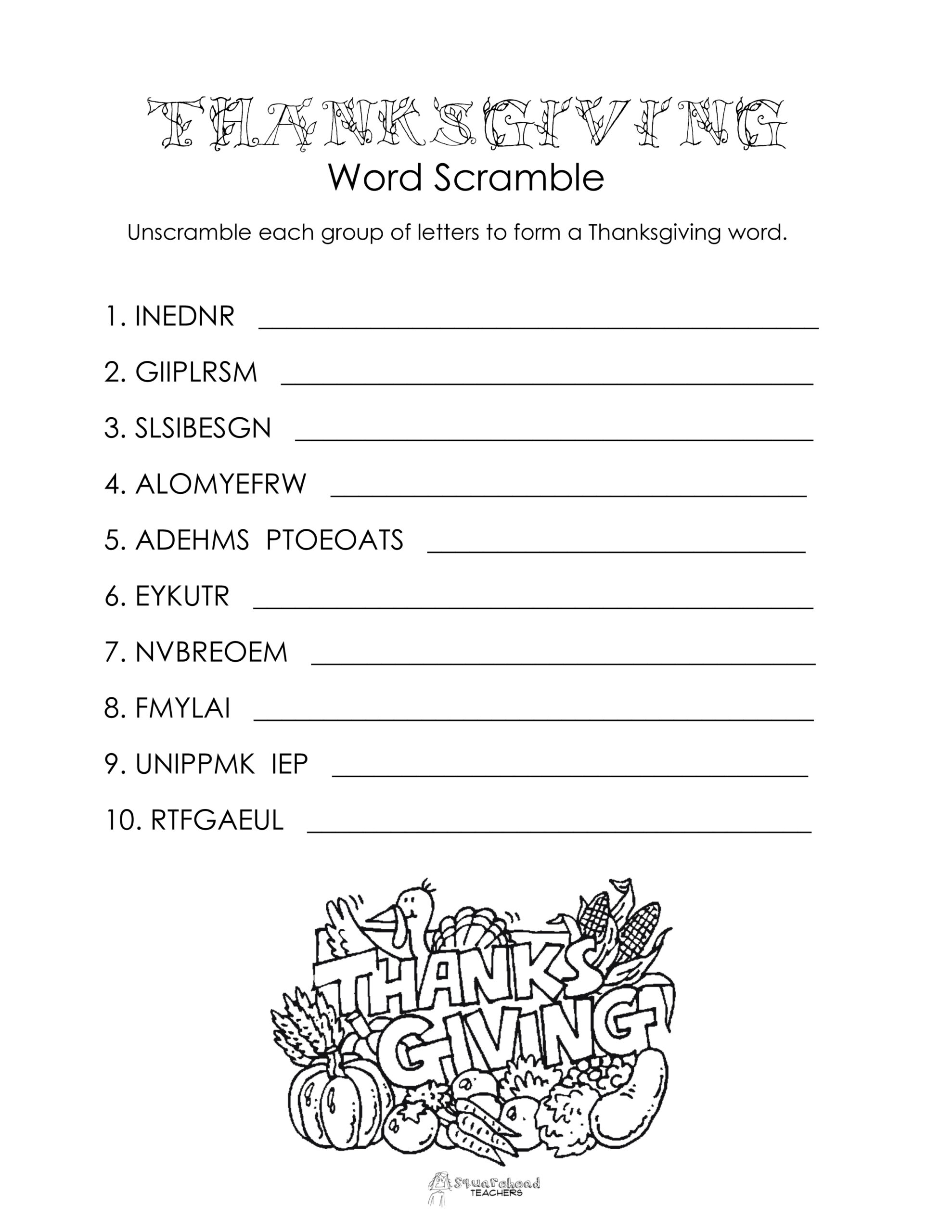 Thanksgiving Word Scramble (Free Worksheet) | Squarehead Teachers with regard to Unscramble Thanksgiving Words Worksheet