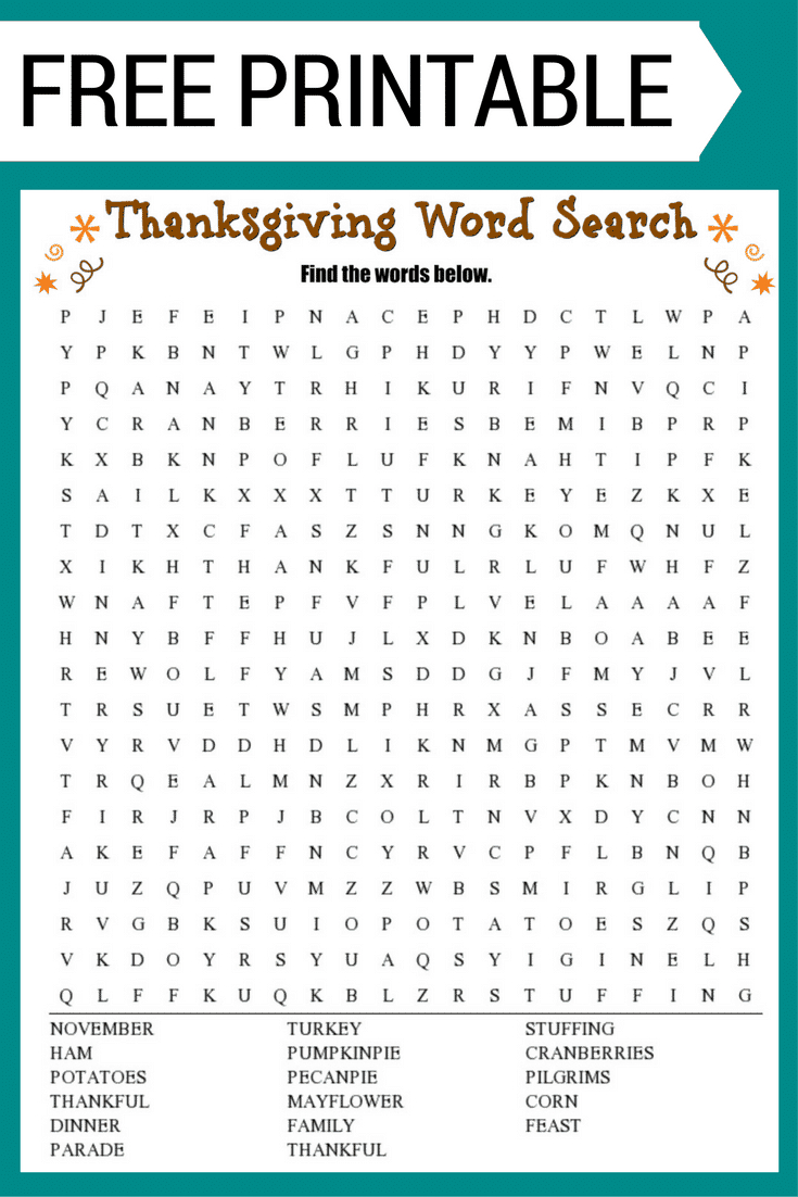 Thanksgiving Word Search (Free Printable!) for Thanksgiving Puzzle Worksheets