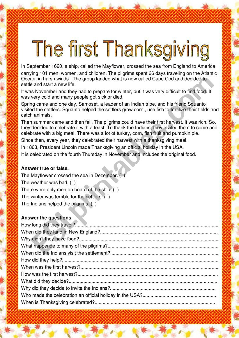 The First Thanksgiving - Esl Worksheets.lefevre regarding The First Thanksgiving Worksheet Answers