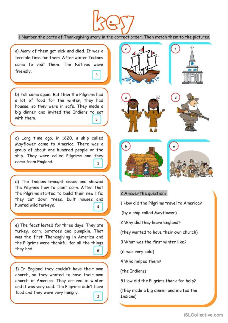 The First Thanksgiving Reading For D…: English Esl Worksheets Pdf regarding First Thanksgiving Reading Comprehension Worksheet