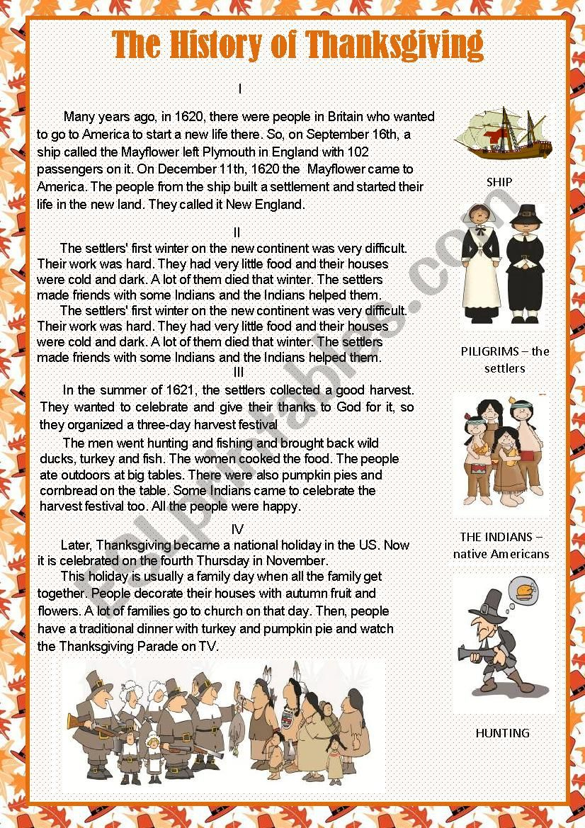 The History Of Thanksgiving - Esl Worksheetlediti intended for History of Thanksgiving Worksheet