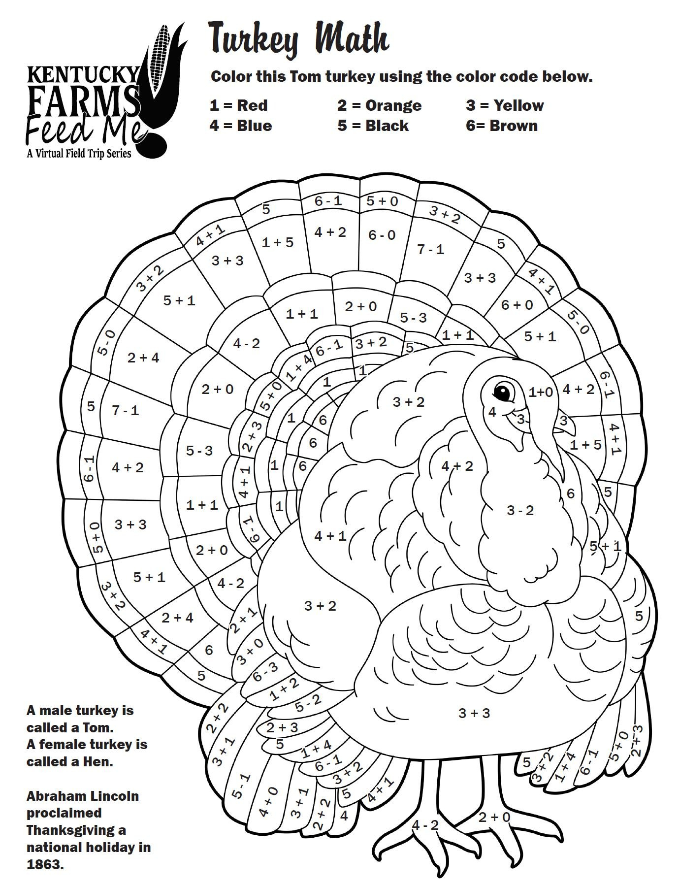 Turkey Colornumber Worksheets — #Teachkyag intended for Thanksgiving Turkey Math Worksheet