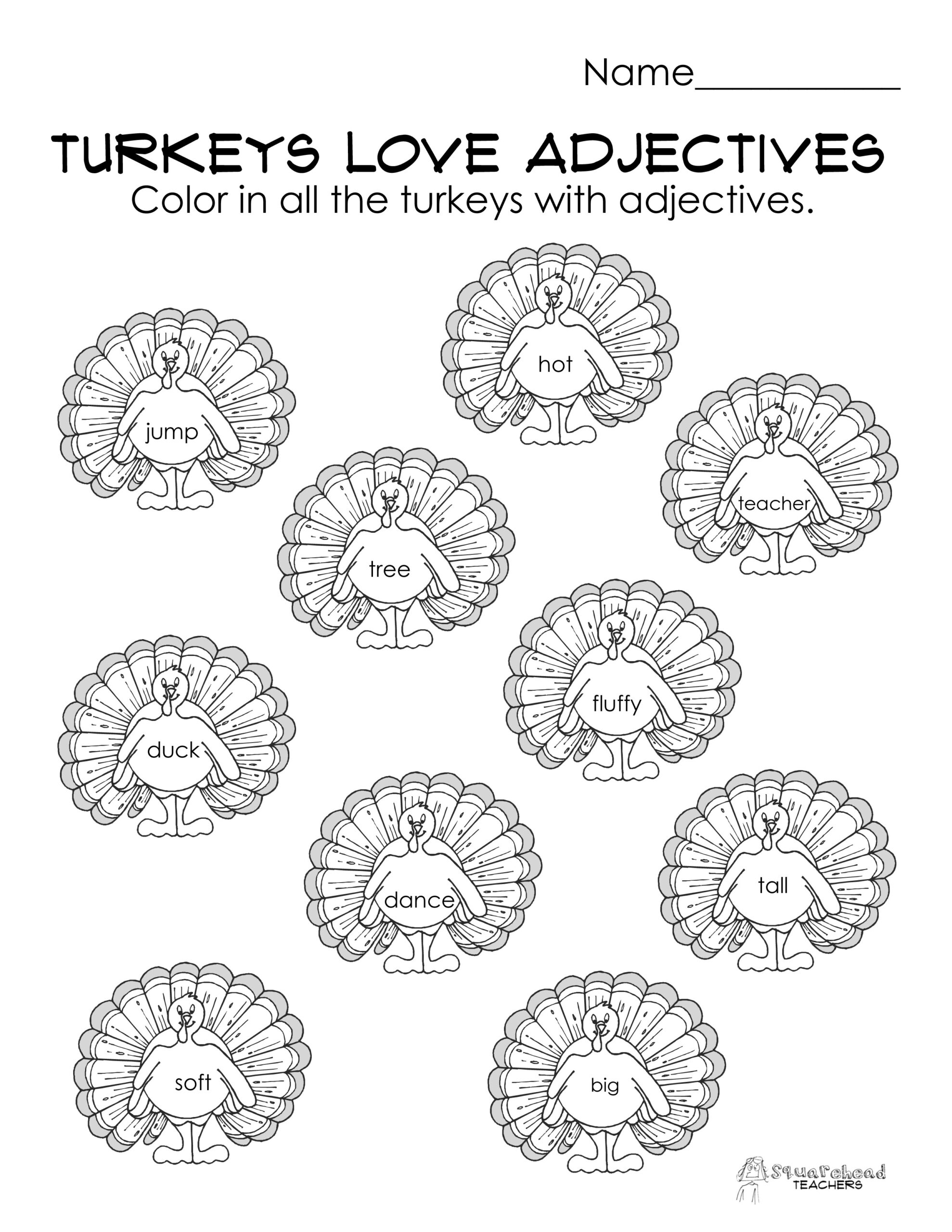 Turkeys Love Adjectives (Free Parts Of Speech Worksheet with Thanksgiving Adjectives Worksheet
