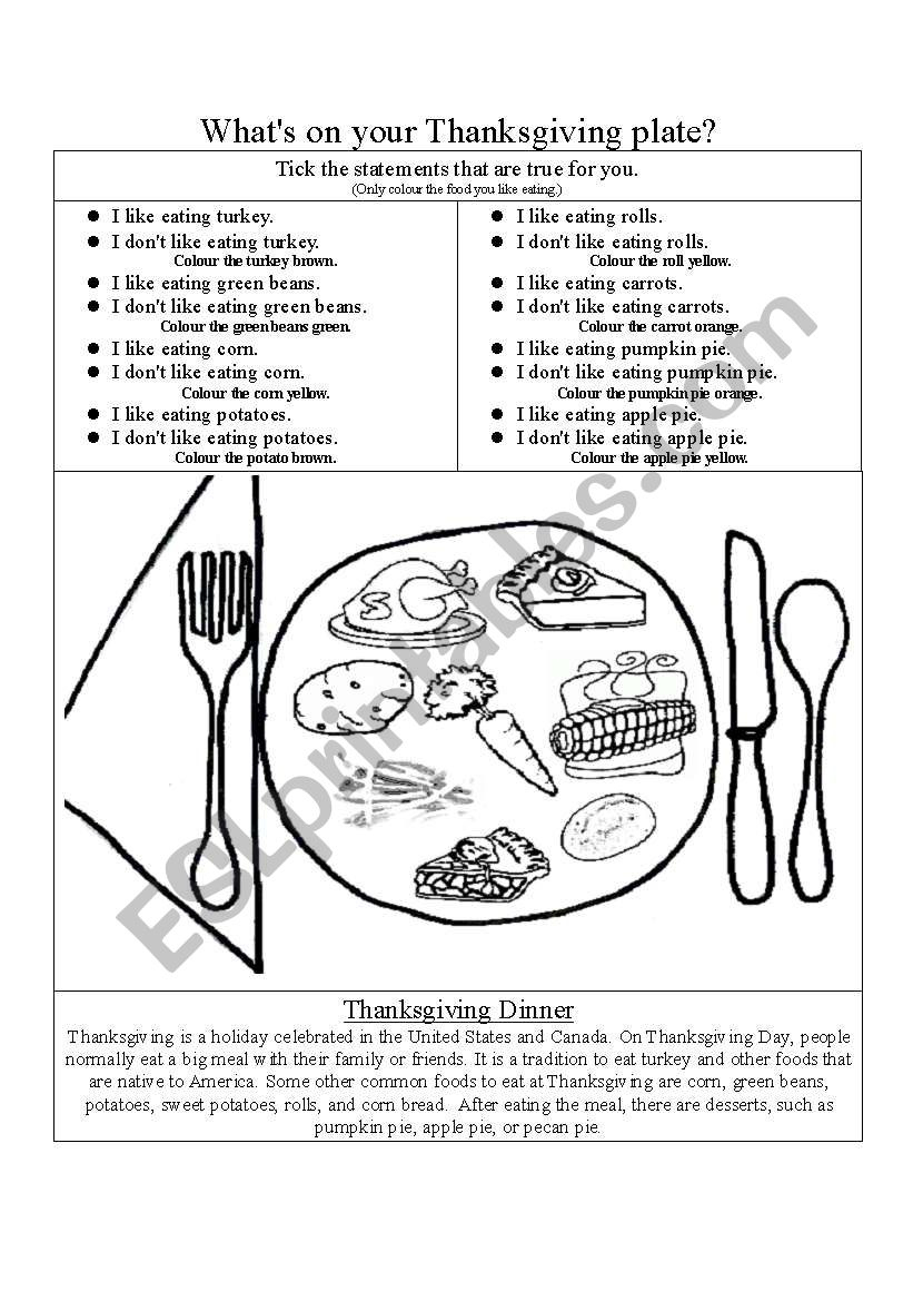 Whatã‚´s On Your Thanksgiving Plate? - Esl Worksheetlina_Therese with regard to My Thanksgiving Meal Worksheet