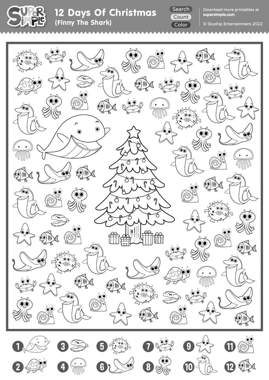 12 Days Of Christmas (Finny The Shark) - Search, Count, &amp;amp; Color in 12 Days Of Christmas Worksheets