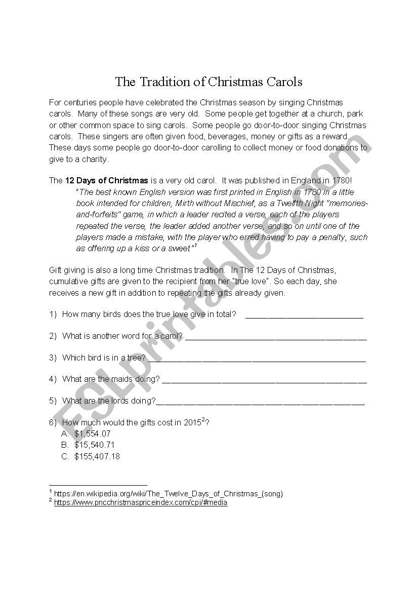 12 Days Of Christmas (History And Worksheet) - Esl Worksheet for 12 Days Of Christmas Cost Worksheets
