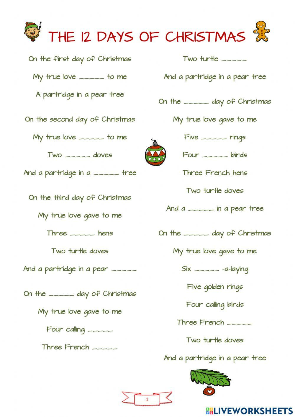 12 Days Of Christmas Worksheet - Worksheets Library for 12 Days of Christmas Worksheets
