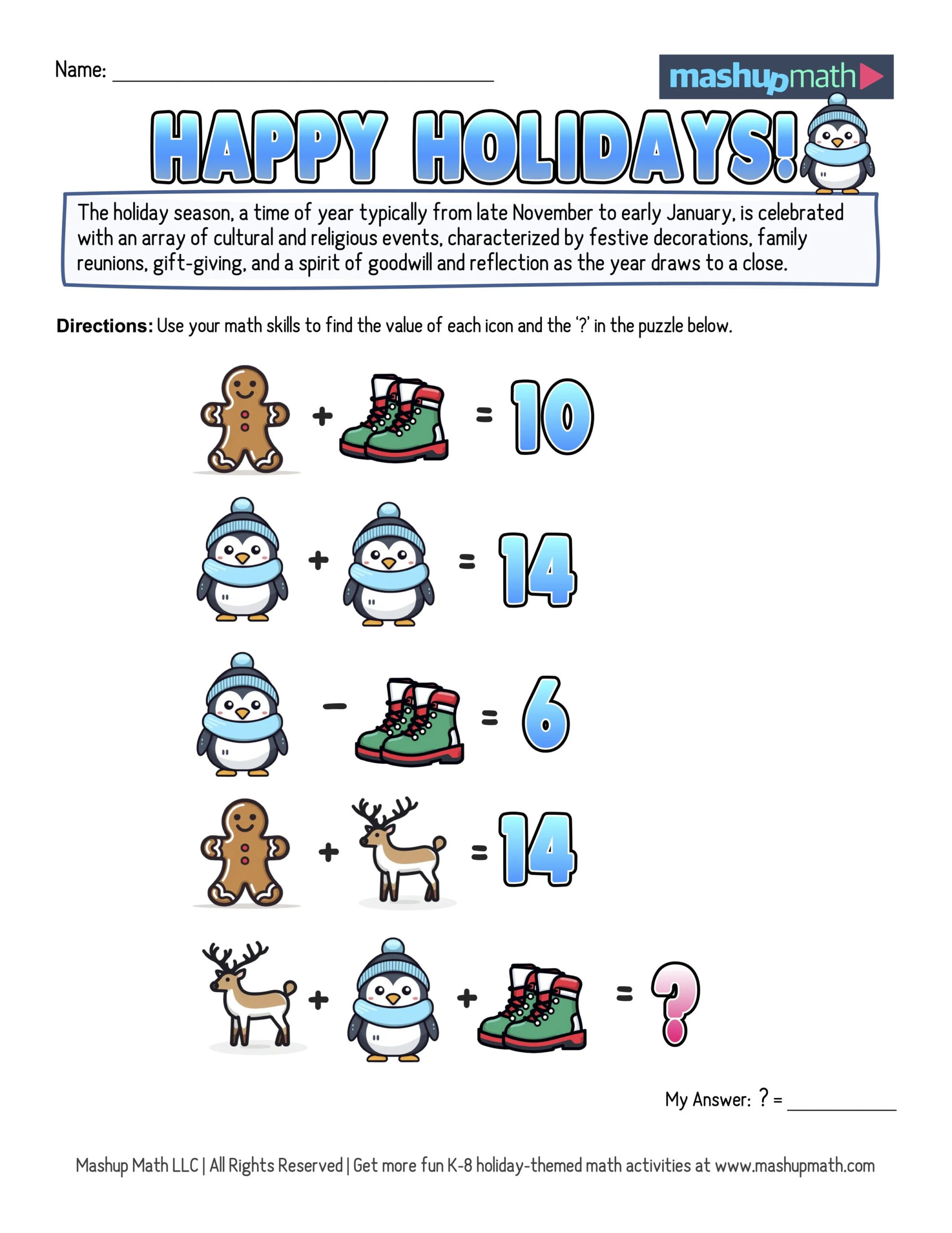 12 Days Of Holiday Math Puzzles—Printable K-8 Worksheets — Mashup Math regarding 12 Days of Christmas Math Worksheets Answers