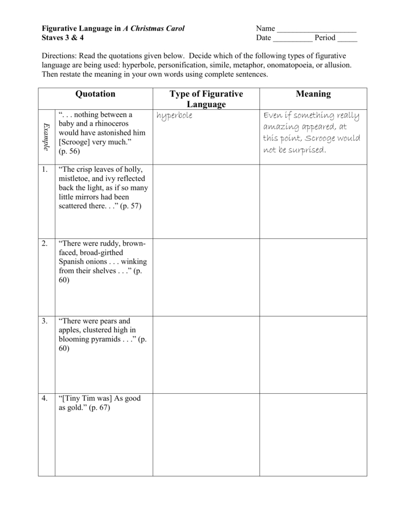 A Christmas Carol: Figurative Language Worksheet throughout A Christmas Carol Figurative Language Worksheets Answers