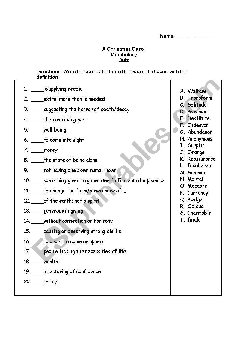 A Christmas Carolcharles Dickens Vocabulary Quiz - Esl regarding A Christmas Carol Vocabulary Worksheets