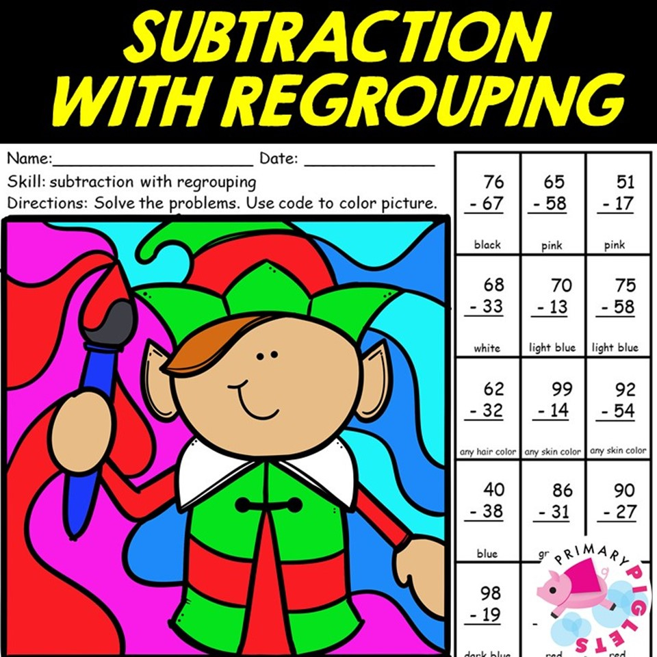 Christmas 2-Digit Subtraction With Regrouping Colornumber Code with Christmas Subtraction Worksheets Regrouping