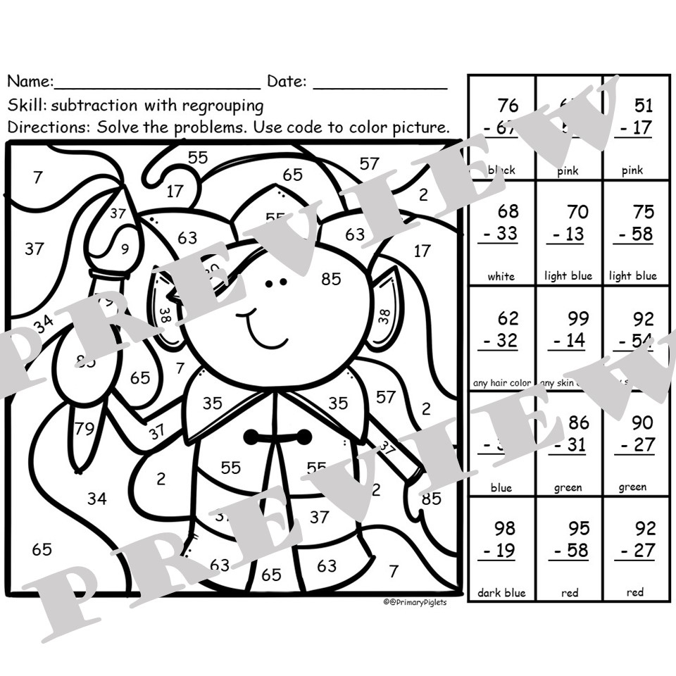 Christmas 2-Digit Subtraction With Regrouping Colornumber Code within Subtraction with Regrouping Christmas Worksheets