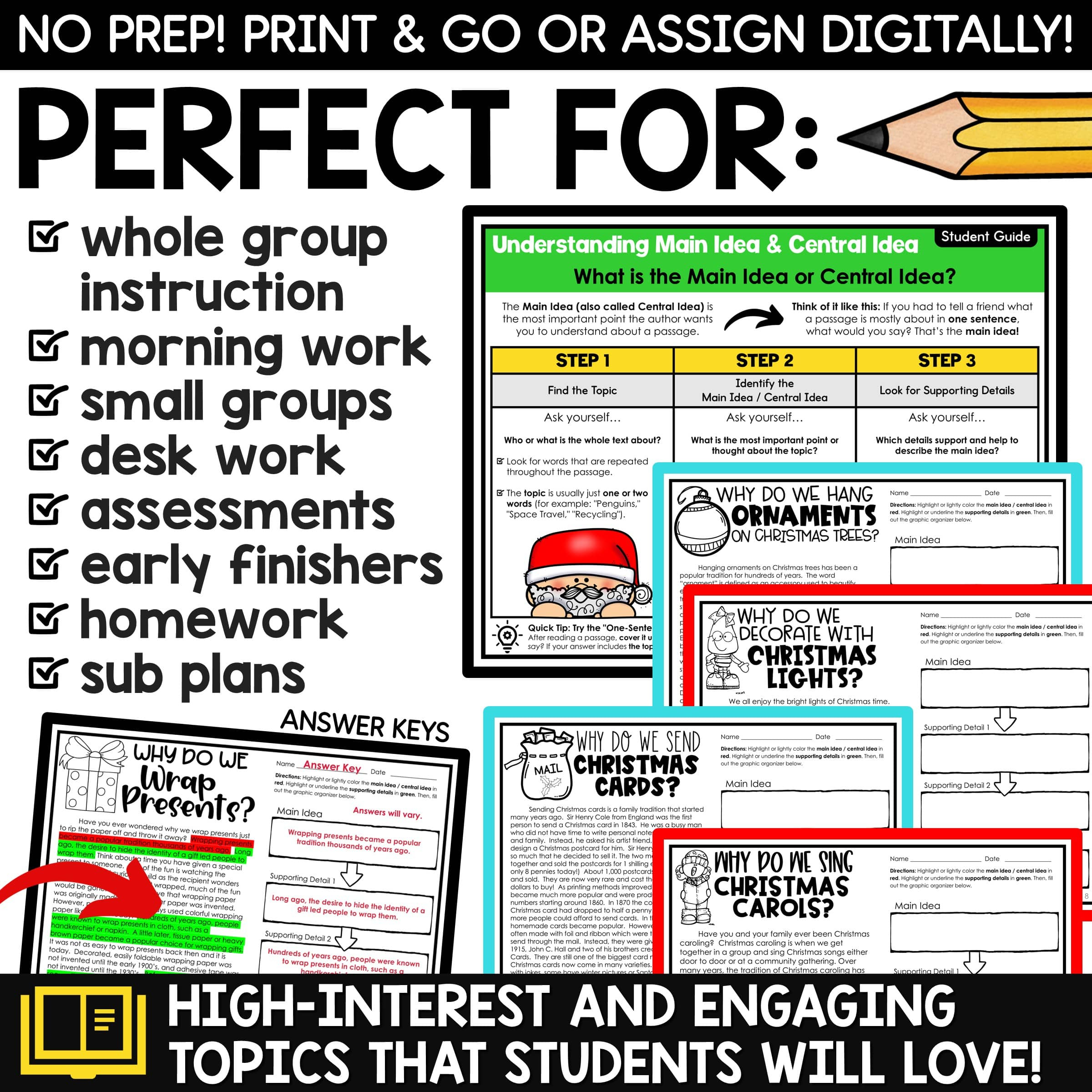 Christmas Activities Main Idea &amp;amp; Supporting Details Reading for Main Idea Christmas Worksheets