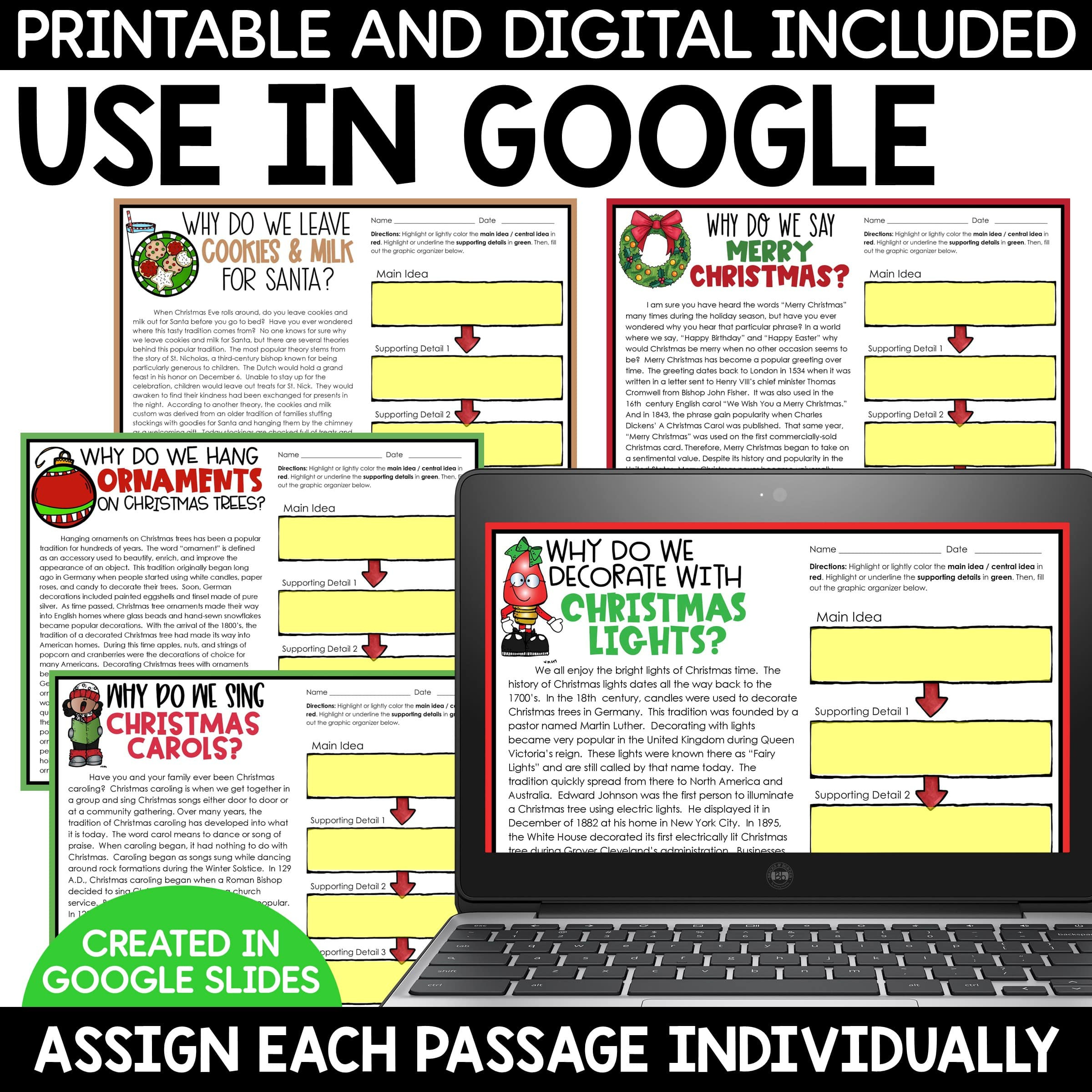 Christmas Activities Main Idea &amp;amp; Supporting Details Reading in Christmas Main Idea Worksheets