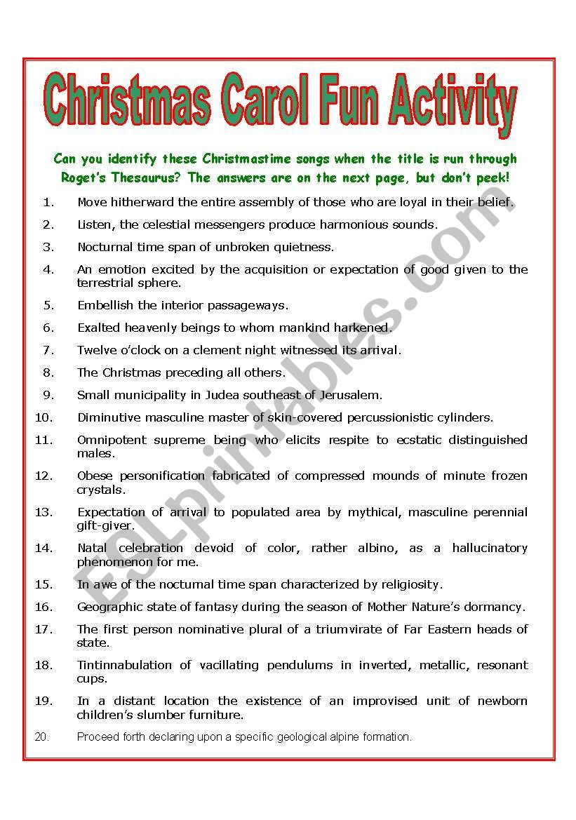 Christmas Carol Fun Activity - Esl Worksheetmulford regarding Identify the Christmas Carol Worksheets