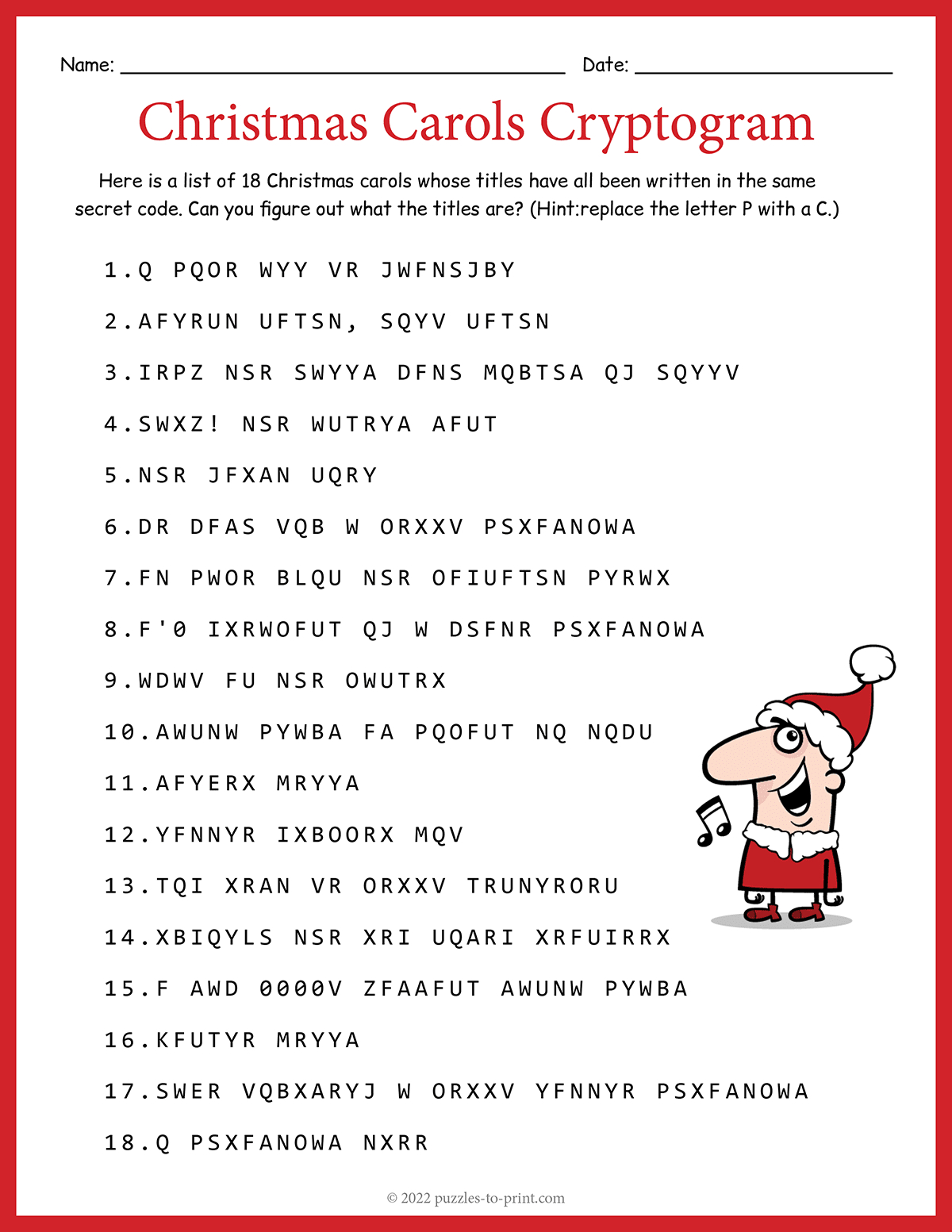 Christmas Carols Cryptogram intended for Christmas Carols Worksheets Picture Answers