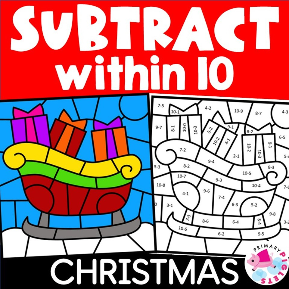 Christmas Colornumber Code Subtraction To 10 Coloring within Christmas Subtraction Coloring Worksheets