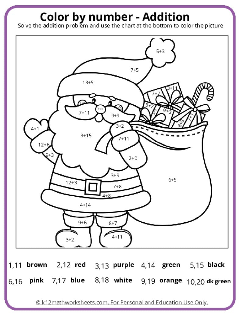 Christmas Colornumber Pages for Free Color by Number Addition Christmas Worksheets