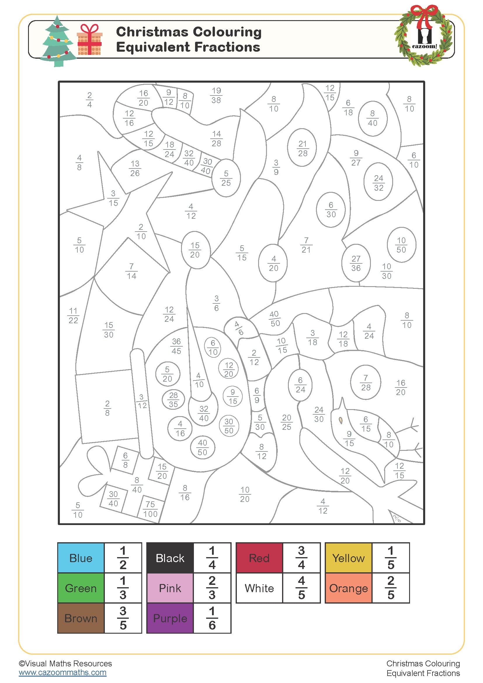 Christmas Colouring - Equivalent Fractions Worksheet | Cazoom for Christmas Colour By Numbers Maths Worksheets
