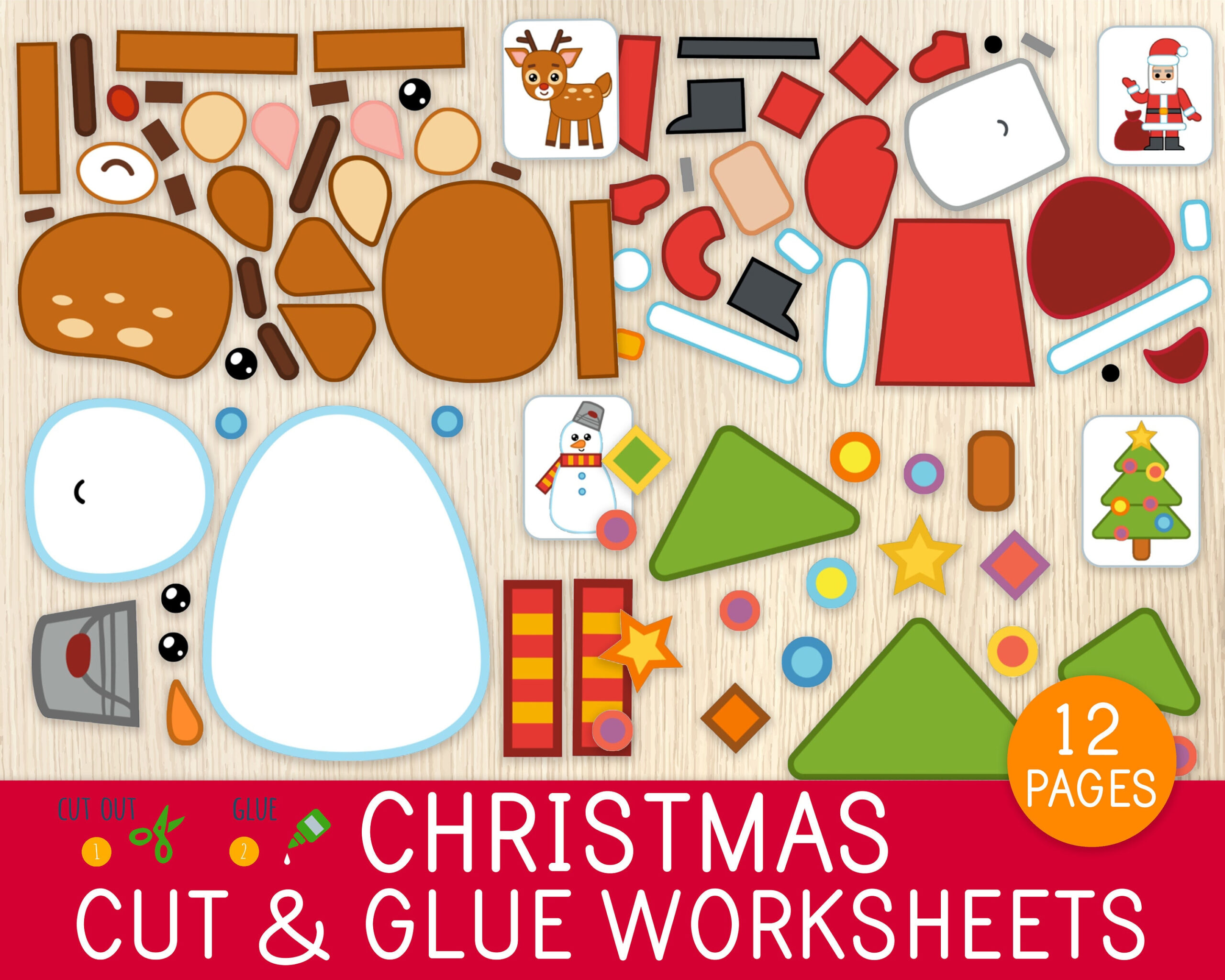 Christmas Cut &amp;amp; Glue Worksheets, 12 Activity Pages, Cut And Paste in Christmas Cut And Glue Worksheets