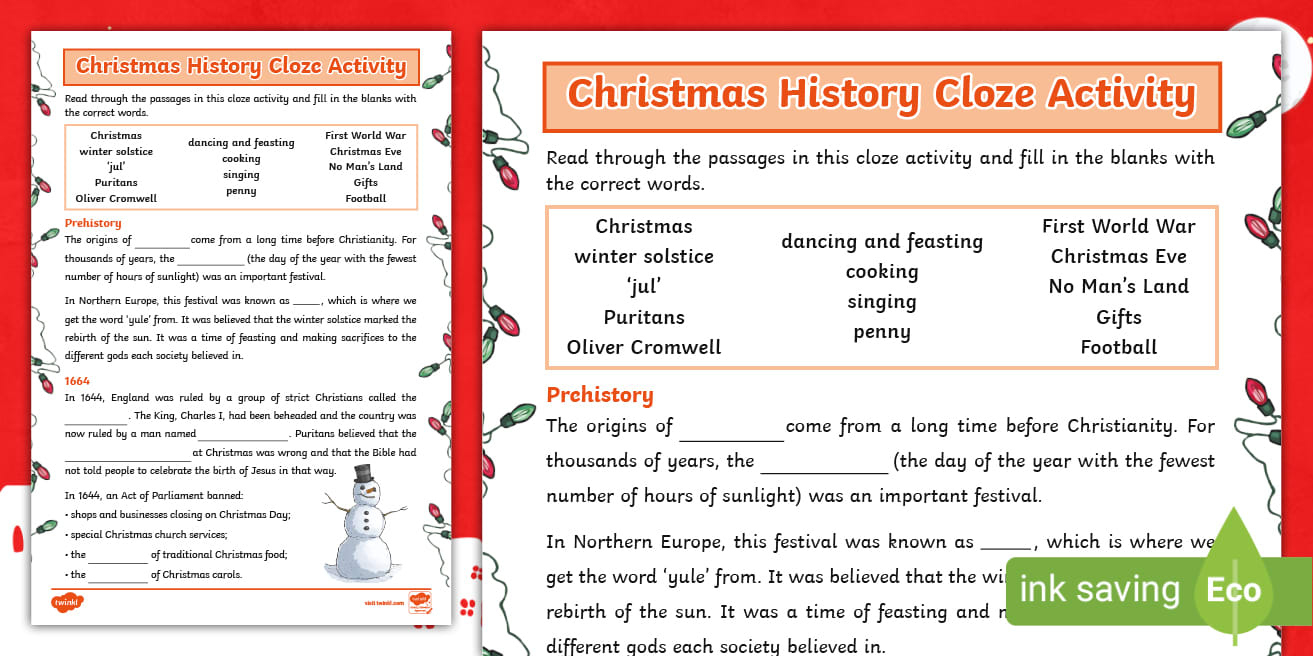 Christmas History Worksheet Cloze Activity pertaining to Christmas Cloze Worksheets Answers